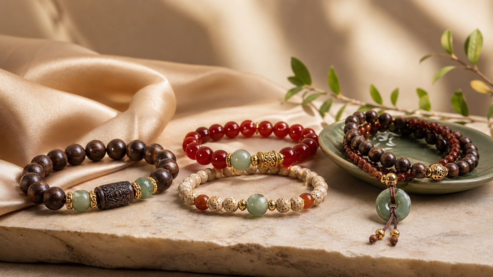 Chinese cultural bead bracelets arranged on silk and stone