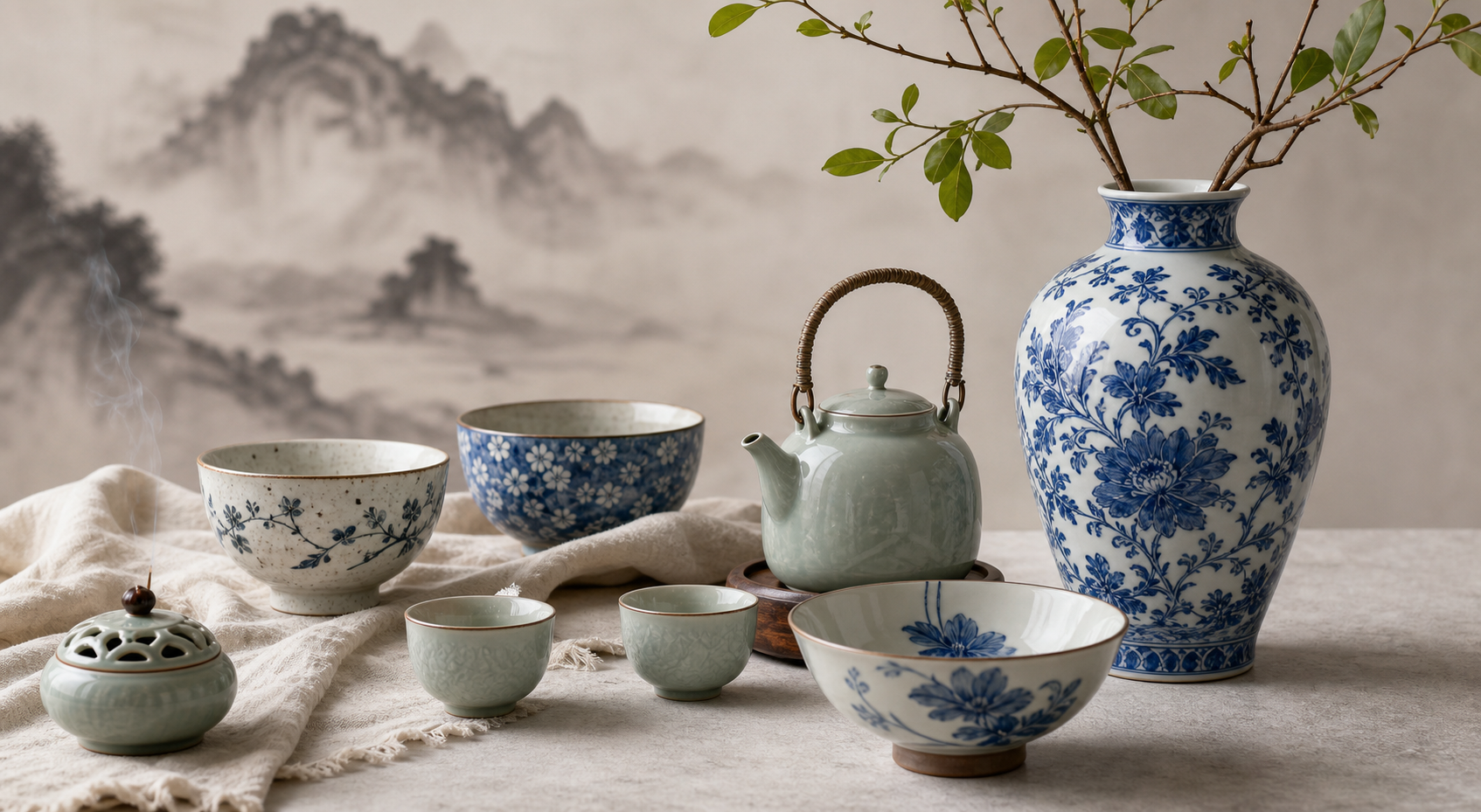 Chinese ceramic homeware collection with vase tea set bowls and incense holder