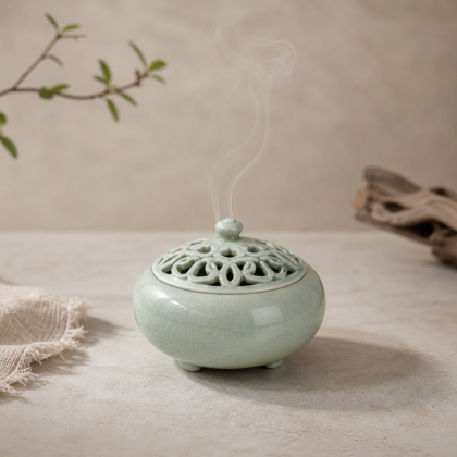 Celadon ceramic incense holder with openwork lid and smoke