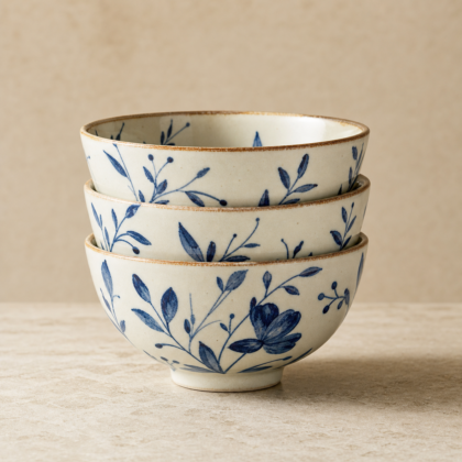 Stacked hand painted ceramic bowls with blue botanical pattern