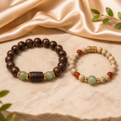Matching couple bracelet set with wood and red agate style beads
