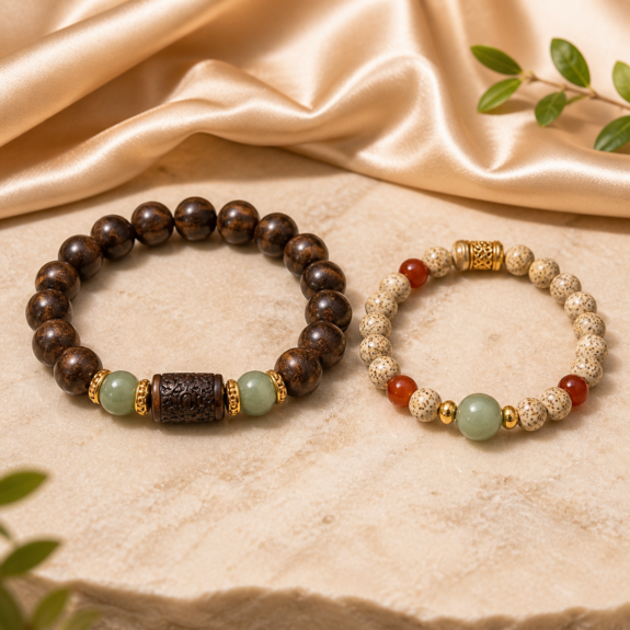 Matching couple bracelet set with wood and red agate style beads