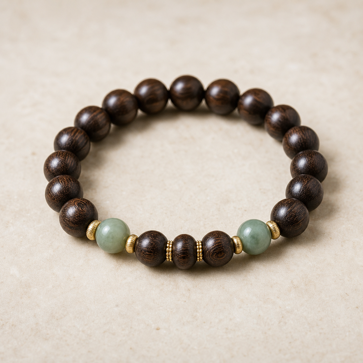 Dark wood bead bracelet with jade accent beads