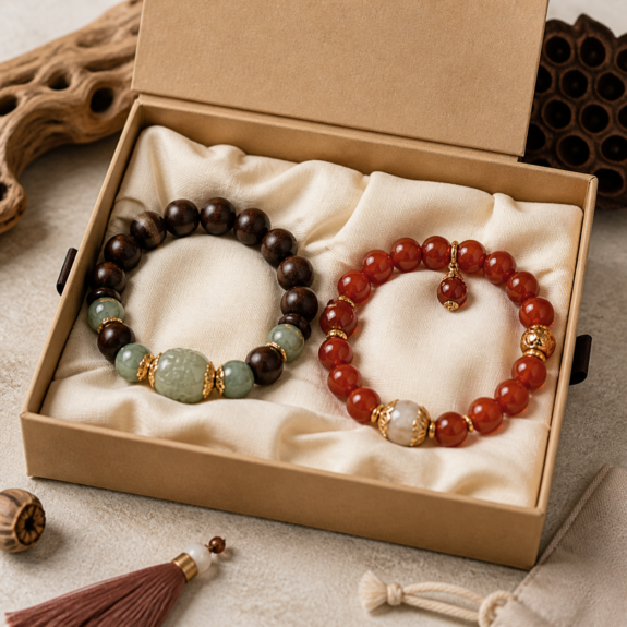 Gift box with two Chinese cultural bead bracelets