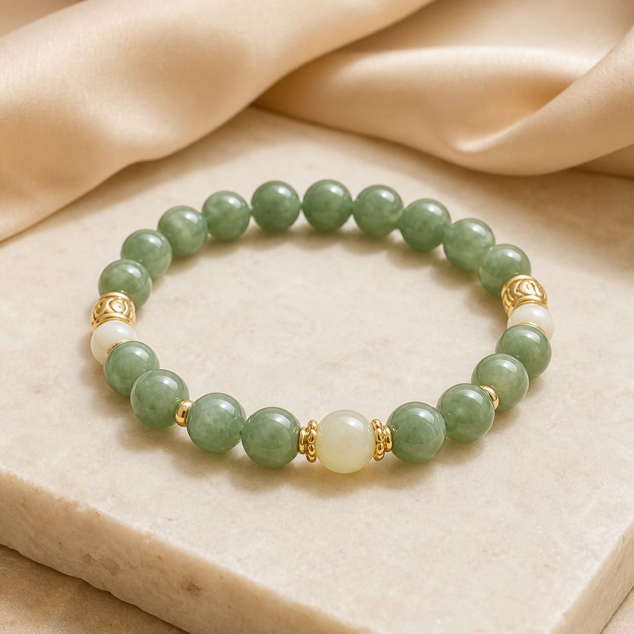 Green jade style bead bracelet with gold accents