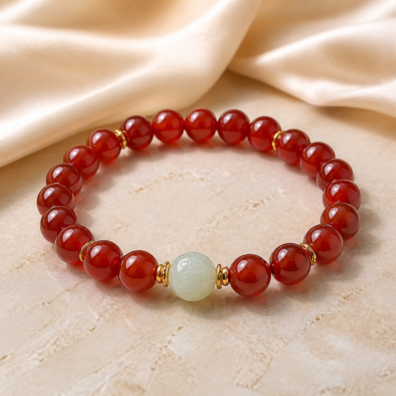 Red agate style bead bracelet with jade accent