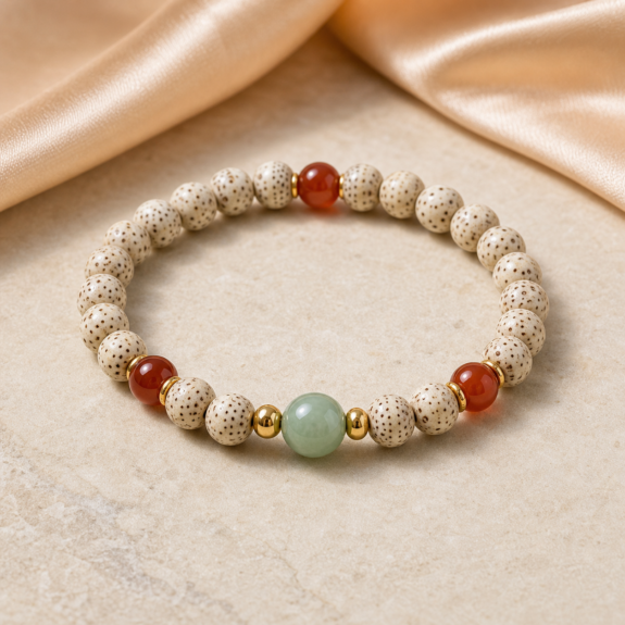 White bodhi seed style bead bracelet with red and jade accents